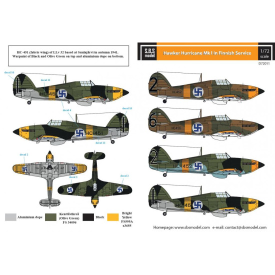 Sbs D72011 1/72 Decal For Hawker Hurricane Mk I In Finnish Service Ww Ii