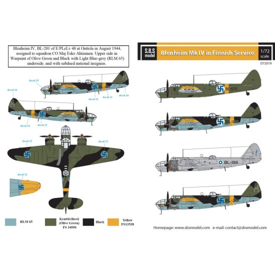 Sbs D72019 1/72 Decal For Bristol Blenheim Mk Iv In Finnish Service