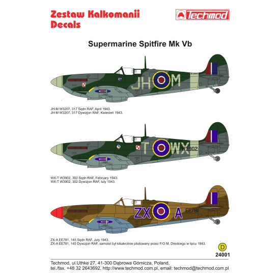 Techmod 24001 1/24 Supermarine Spitfire Mk Vb Polish Raf Fighter Wet Decal