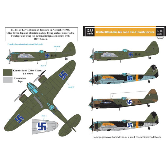 Sbs D48007 1/48 Decal For Bristol Blenheim Mk I Ii In Finnish Service Ww Ii