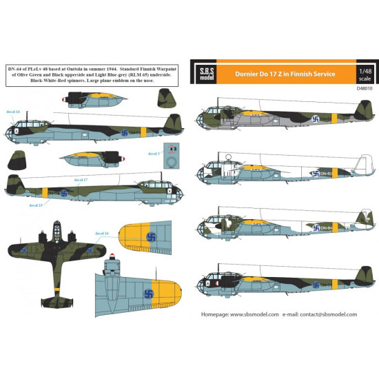 Sbs D48010 1/48 Decal For Dornier Do-17z In Finnish Service Wwii Sbs D48010 1/48 Decal For Dornier Do-17z In Finnish Service Wwii