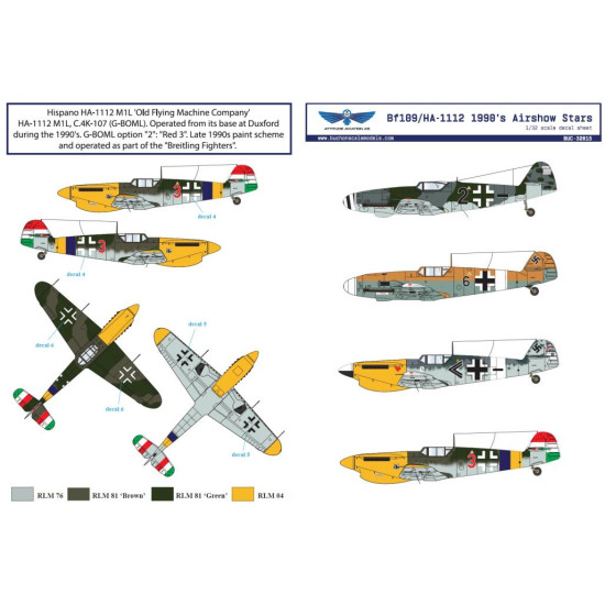 Sbs Buc-32015 1/32 Decal For Bf 109/Ha-1112 1990s Airshow Star Decals