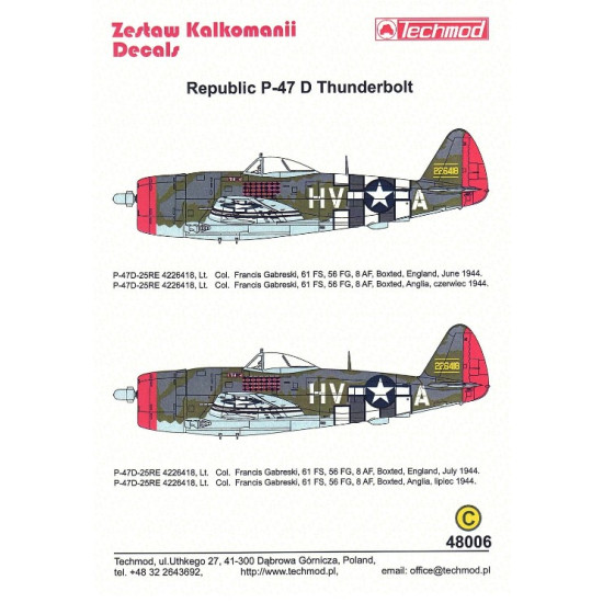 Techmod 48006 1/48 Republic P-47d Thunderbolt Usaf 1944 Wet Decal Wwii