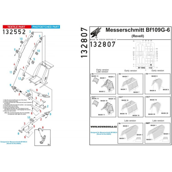 Hgw 132807 1/32 Seatbelts For Messerschmitt Bf 109g-6 Basic Line And Masks Revell