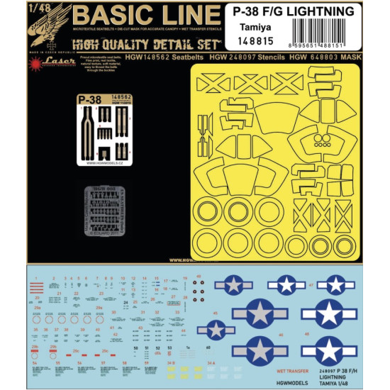 Hgw 148815 1/48 Seatbelts For P-38 Lightning Basic Line Decal And Masks For Tamiya