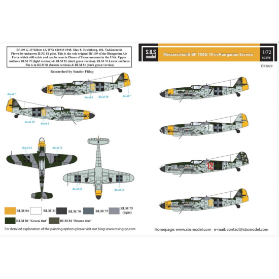 Sbs D72029 1/72 Messerschmitt Bf 109 G 10 In Hungarian Service Ww Ii Decal