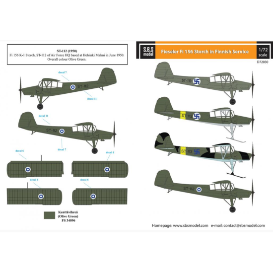 Sbs D72030 1/72 Fieseler Fi 156 Storch In Finnish Service For Academy Heller Decals Model