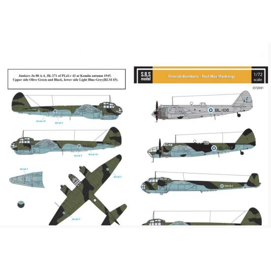 Sbs D72041 1/72 Finnish Bombers Post War Markings Decal Model