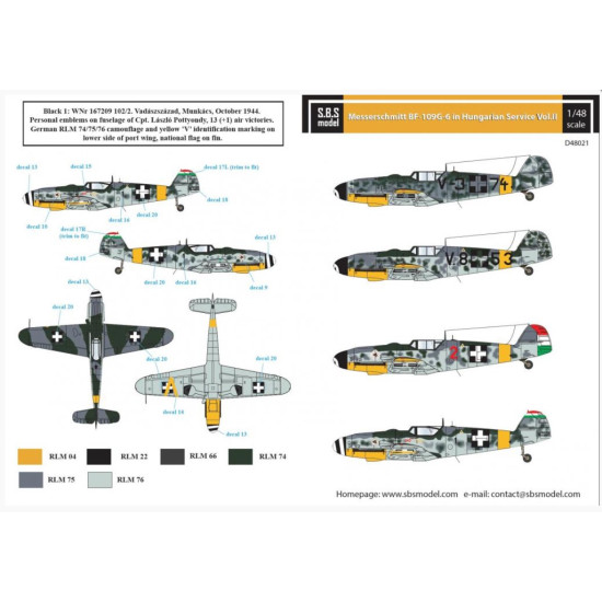 Sbs D48021 1/48 Messerschmitt Bf 109g 6 In Hungarian Service Vol Ii Decal Model