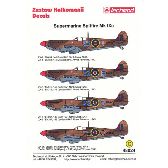 Techmod 48024 1/48 Supermarine Spitfire Mk.ix 1943 N.africa Aircraft Wet Decal