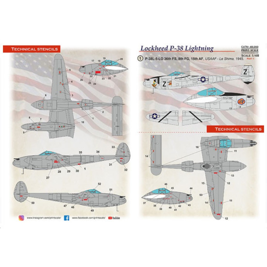 Print Scale 48-260 1/48 Decal For P 38 Lightning In Bare Metal Part 1