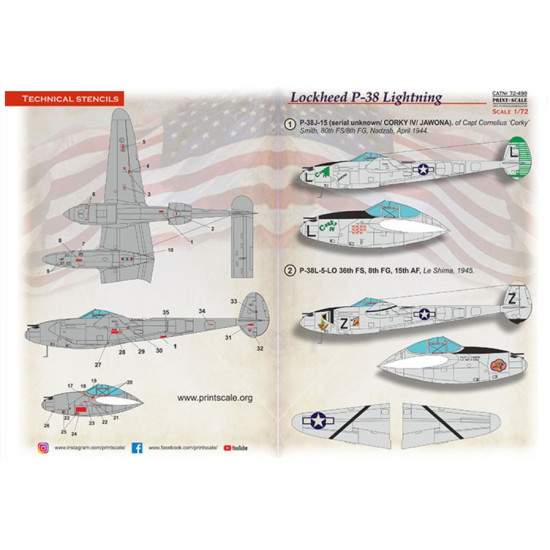 Print Scale 72-498 1/72 Decal For P38 Lightning In Bare Metal Accessories For Aircraft