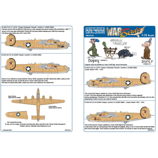 Kits World Kw132144 1/32 Decal For B-24d Liberator Dopey And Arkansas Traveler