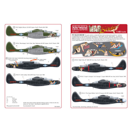 Kits-world 1/48 Scale P61 Black Widow Night Fighter Decal Sheet - KW148003