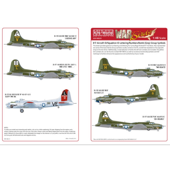 Kits World Kw148025 1/48 Decal For Boeing B-17 F/G Flying Fortress