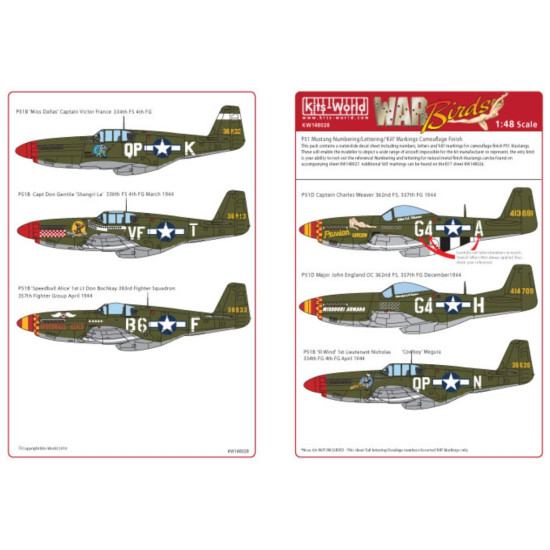 Kits World Kw148028 1/48 Decal For American Nose Art P51b/C/D Mustang