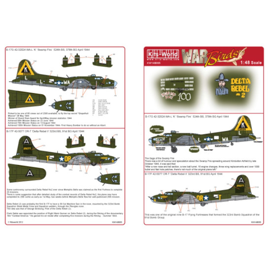 Kits World Kw148065 1/48 Decal Boeing B-17 F/G Flying Fortress Wa-l K Swamp Fire