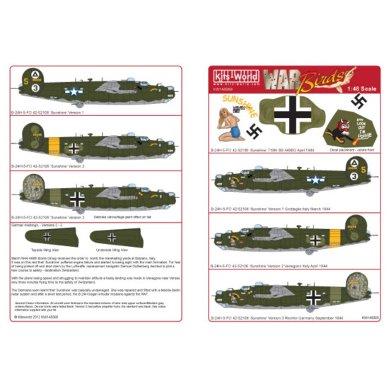 Kits World Kw148069 1/48 Decal For B-24h Liberator B-24h-5-fo 42-52106 Sunshine