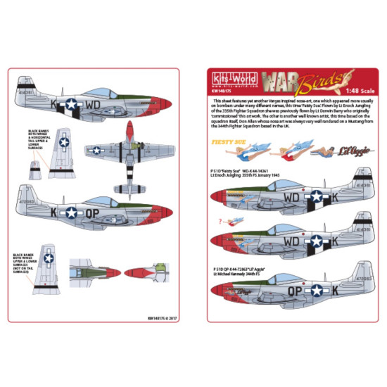 Kits World Kw148175 1/48 Decal For P-51d Mustang Feisty Sue Lil Aggie