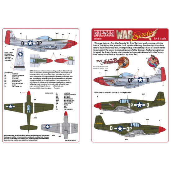 Kits World Kw148181 1/48 Decal For P-51b North American Mustang My Achin Back