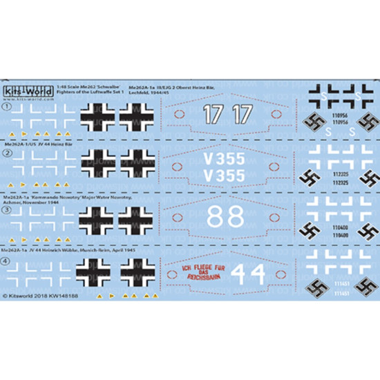 Kits World Kw148188 1/48 Decal Messerschmitt Me 262 Nicknamed Schwalbe