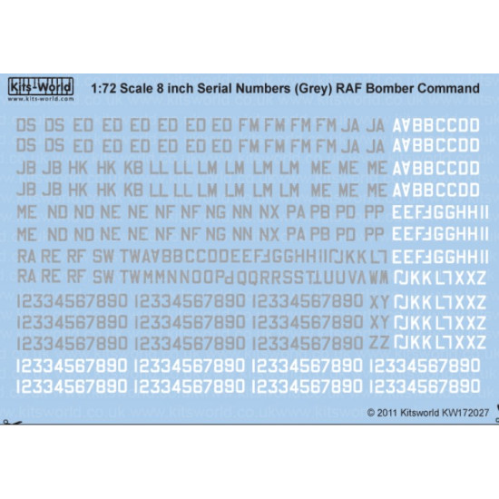Kits World Kw172027 1/72 Decal 8 Inch Raf Serial Numbers Sea Grey/White