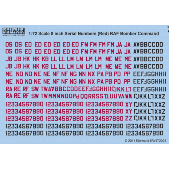 Kits World Kw172028 1/72 Decal 8 Inch Raf Serial Numbers Red/Black