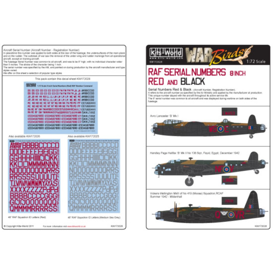 Kits World Kw172028 1/72 Decal 8 Inch Raf Serial Numbers Red/Black