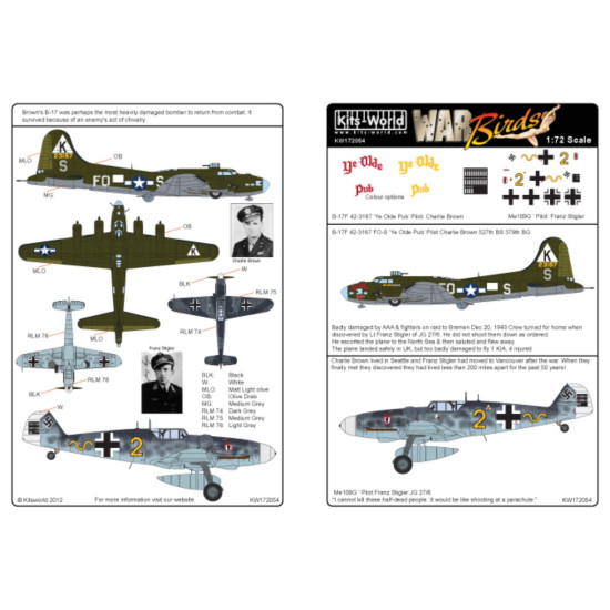 Kits World Kw172054 1/72 Decal For B-17f/G Flying Fortress Accessories Kit