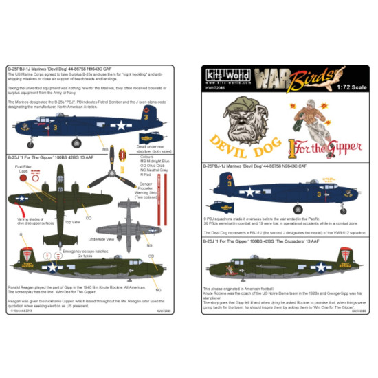 Kits World Kw172086 1/72 Decal For B-25 Mitchell Accessories For Aircraft