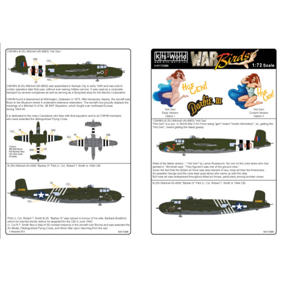 Kits World Kw172089 1/72 Decal For B-25 Mitchell Hot Gen Accessories Kit