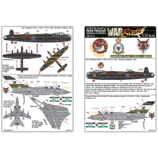 Kits World Kw172121 1/72 Decal For 12 Squadron Avro Lancaster Ph-h Panavia Tornado