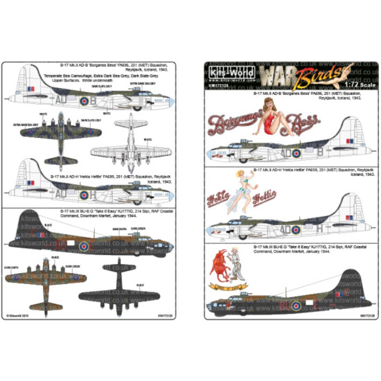 Kits World Kw172125 1/72 Decal For B-17s Mk.ii Mk.iii Borganes Bess Hekla Hettie