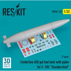 Reskit Rsu32-0123 1/32 Centerline 650 Gal Fuel Tank With Pylons For F105 Thunderchief 1 Pcs 3d Printed