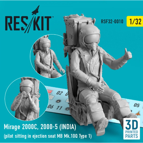 Reskit Rsf32-0010 1/32 Mirage 2000c 2000.5 India Pilot Sitting In Ejection Seat Mb Mk.10q Type1 3d Printed