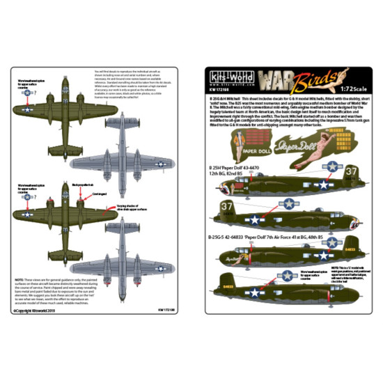 Kits World Kw172198 1/72 Decal For North American B-25g/H Mitchell
