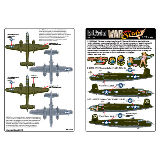 Kits World Kw172200 1/72 Decal For North American B-25j Mitchell Niagaras Belle Kits World Kw172200 1/72 Decal For North American B-25j Mitchell Niagaras Belle