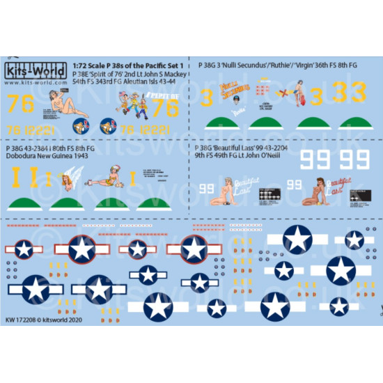 Kits World Kw172208 1/72 Decal P-38 Lightnings Of The Pacific Late War Set Two Kits World Kw172208 1/72 Decal P-38 Lightnings Of The Pacific Late War Set Two