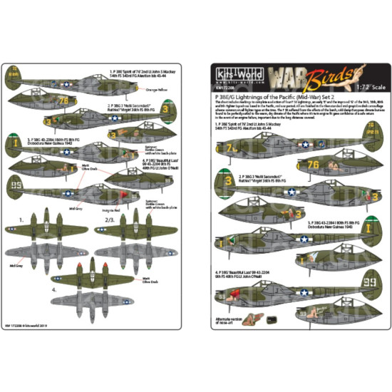 Kits World Kw172208 1/72 Decal P-38 Lightnings Of The Pacific Late War Set Two Kits World Kw172208 1/72 Decal P-38 Lightnings Of The Pacific Late War Set Two