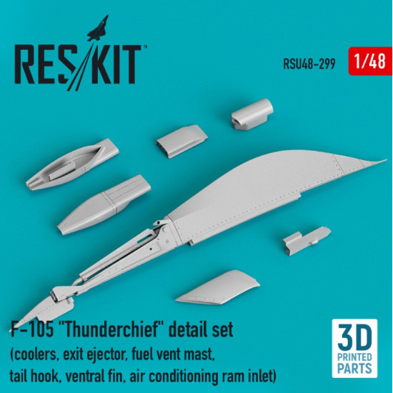 Reskit Rsu48-0299 1/48 F105 Thunderchief Detail Set Coolers Exit Ejector Fuel Vent Mast Tail Hook, Ventral Fin Air Conditioning Ram Inlet 3d Printed