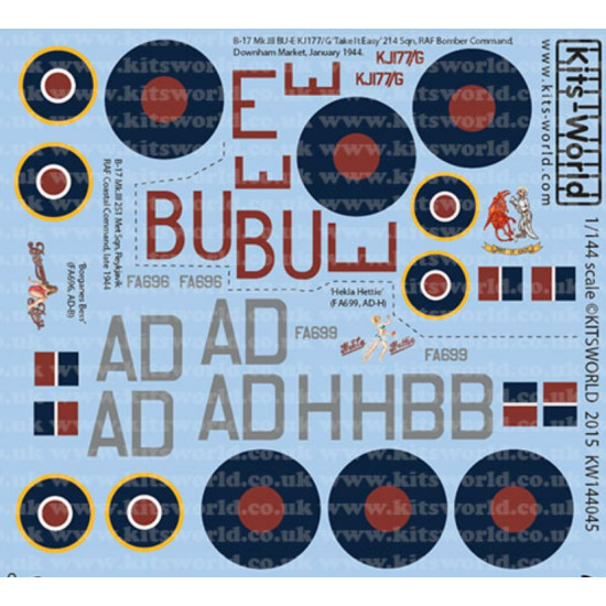 Kits World Kw144045 1/144 Decal For Boeing B-17s Mkiiis 214 251 Squadrons