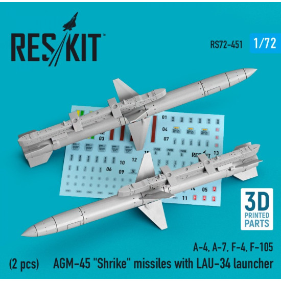 Reskit Rs72-0451 1/72 Agm45 Shrike Missiles With Lau34 Launcher 2 Pcs A4 A7 F4 F105 3d Printed