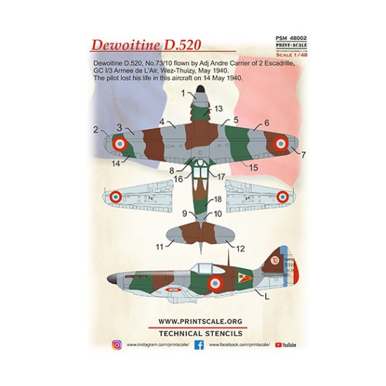 Print Scale Psm48002 1/48 Dewoitine D.520 Mask Decal 3d Decal