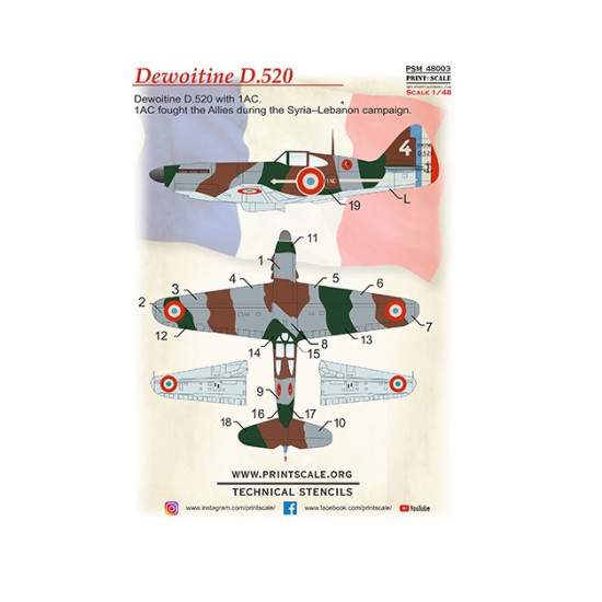 Print Scale Psm48003 1/48 Dewoitine D.520 Mask Decal 3d Decal