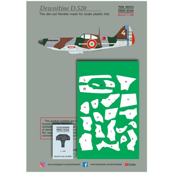 Print Scale Psm48003 1/48 Dewoitine D.520 Mask Decal 3d Decal