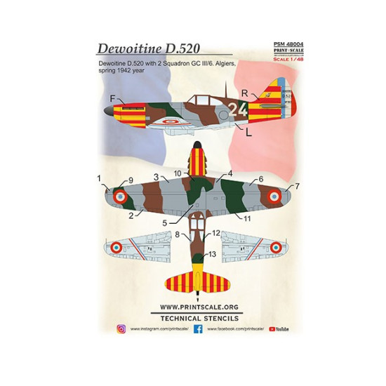 Print Scale Psm48004 1/48 Dewoitine D.520 Mask Decal 3d Decal