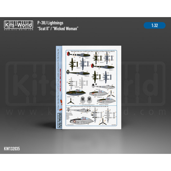 Kits World Kw132035 1/32 Decal For Lockheed P-38j Lightning Scat Ii/Wicked Woman