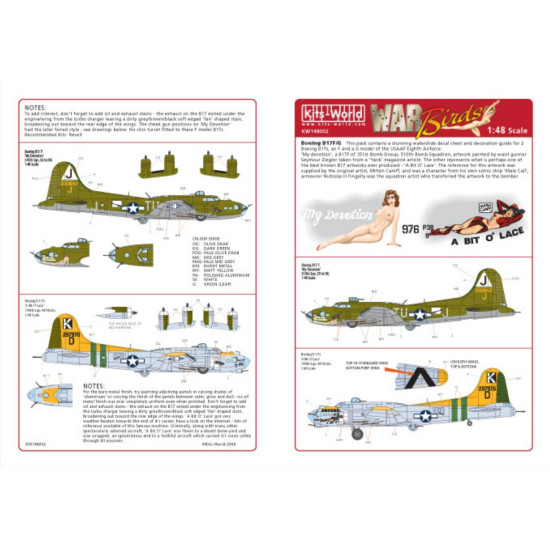 Kits World Kw148002 1/48 Decal For Boeing B-17 F/G Flying Fortress