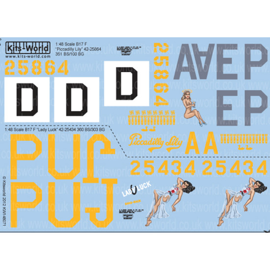 Kits World Kw148071 1/48 Decal For Boeing B-17f Flying Fortress