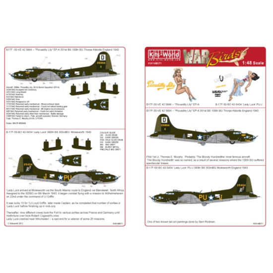 Kits World Kw148071 1/48 Decal For Boeing B-17f Flying Fortress